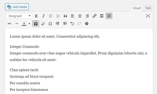 O texto do Google Docs colado como texto simples no editor clássico do WordPress