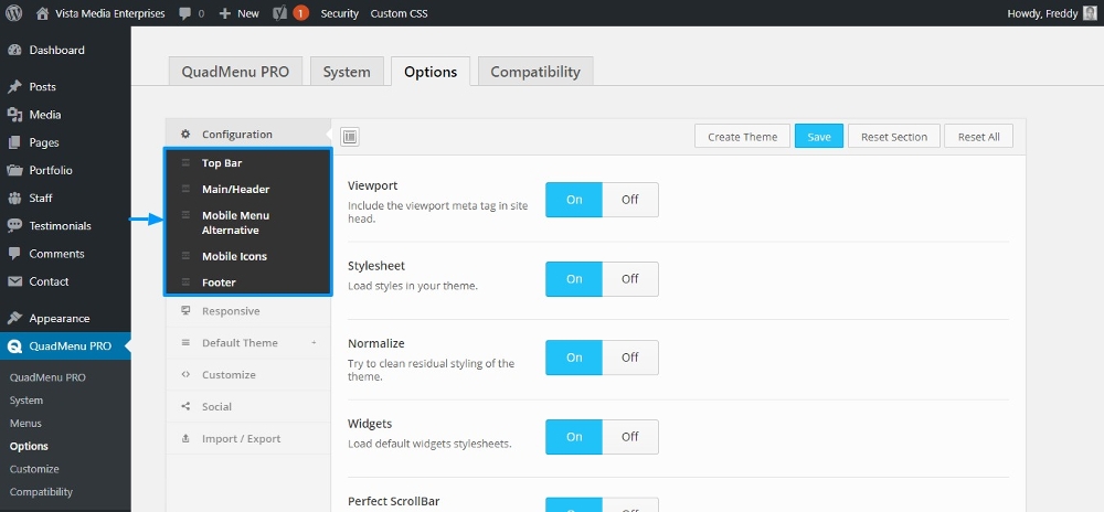 tela de opções intuitivas do quadmenu