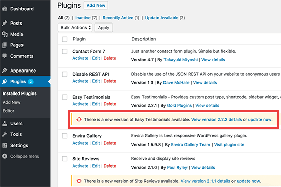 Atualizações destacadas na página de plugins