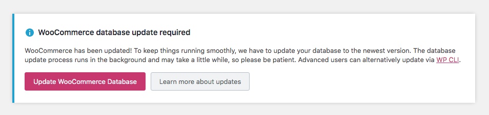 Aviso de atualização do banco de dados WooCommerce