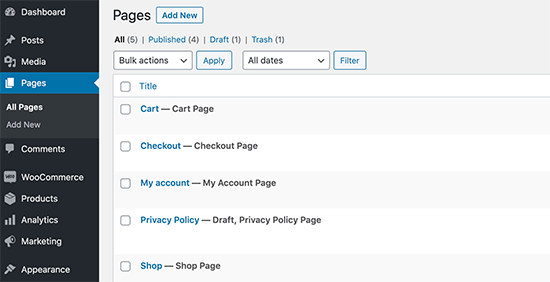 Páginas padrão do WooCommerce
