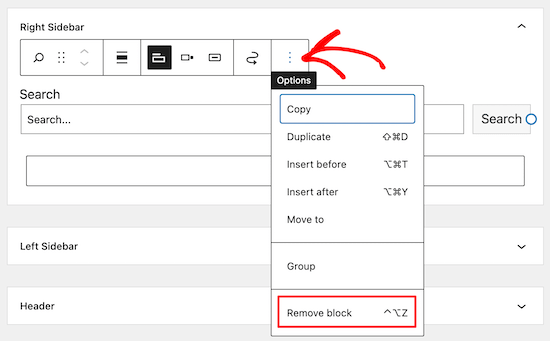 Clique em opções e remova o bloco de widgets