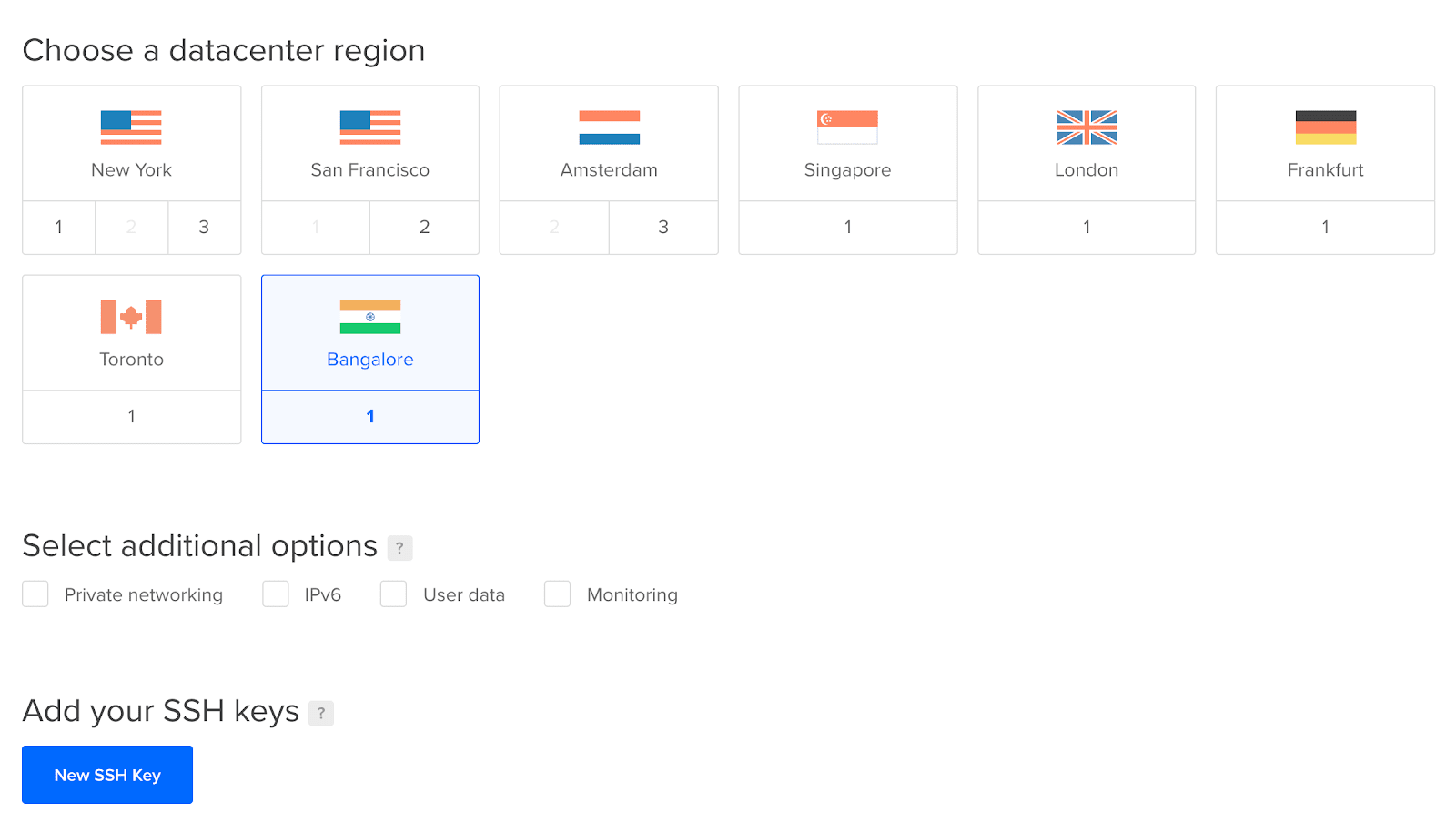 Opções de localização do datacenter (e adicionais) em um droplet da DigitalOcean