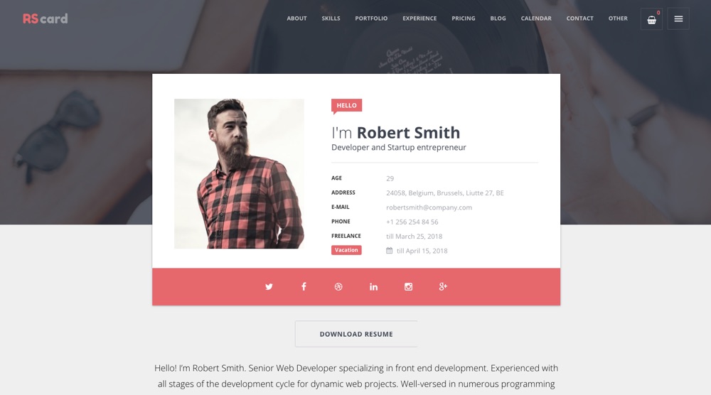 RSCard Resume, CV & vCard WordPress Tema