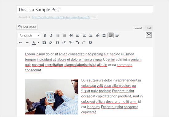 Editor WordPress clássico em tela cheia no modo visual