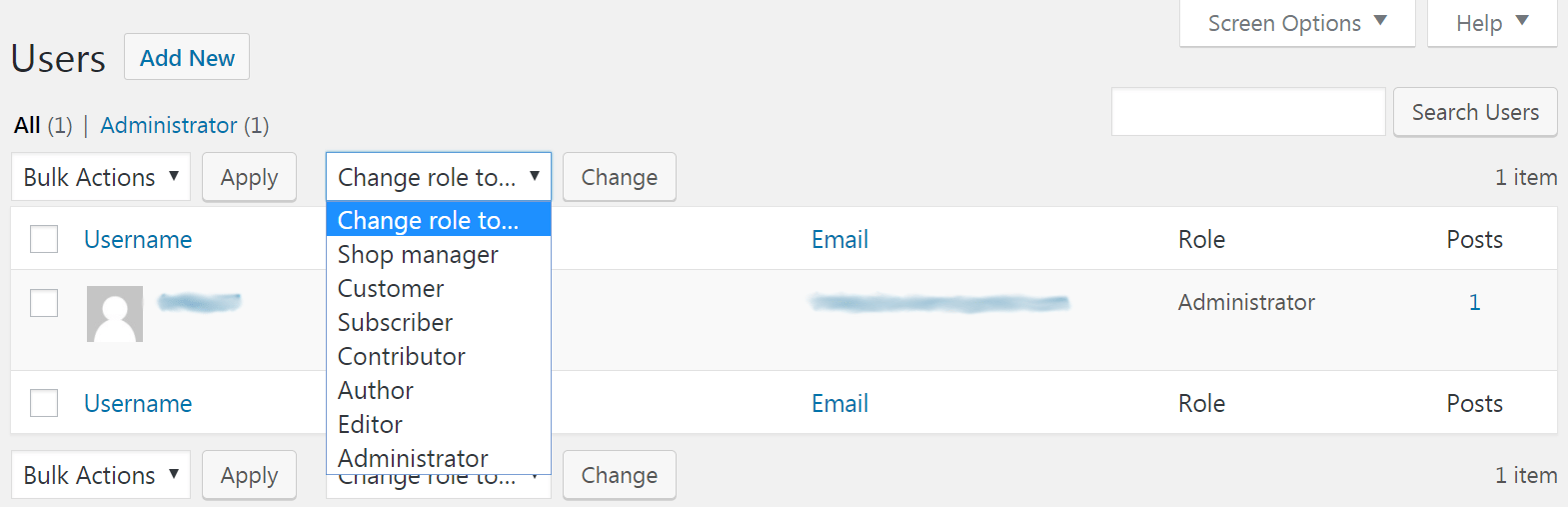 A tela de funções de usuário do WordPress.