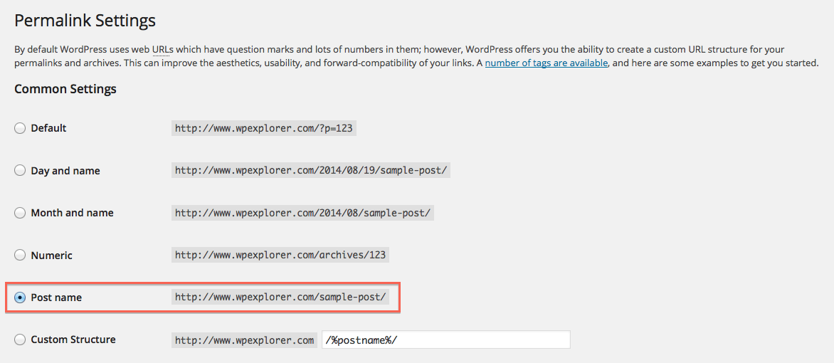 Configurações de link permanente