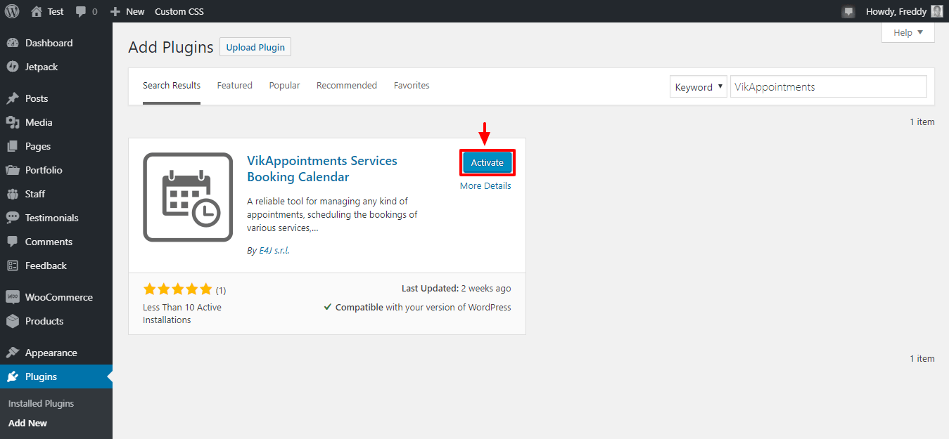 ativando o plugin wordpress vikappointments
