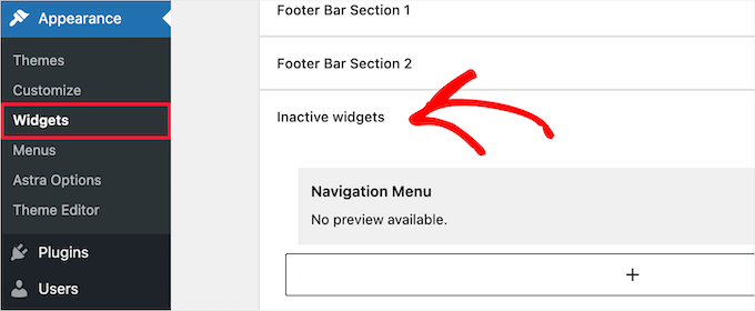 Seção de widgets inativos