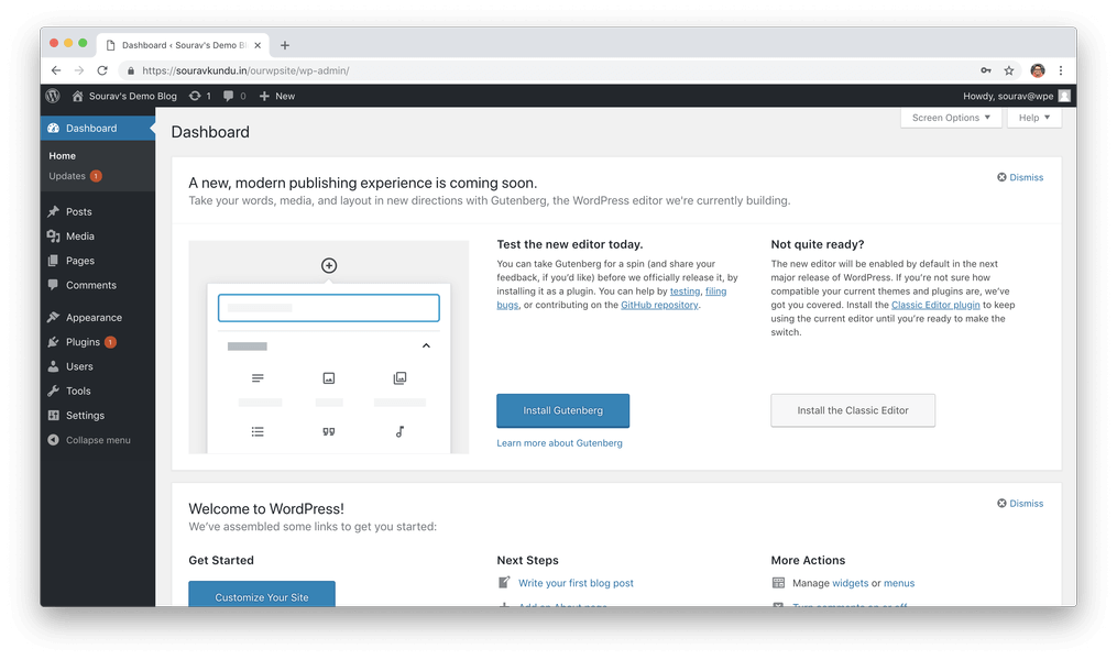 novo painel do site wordpress