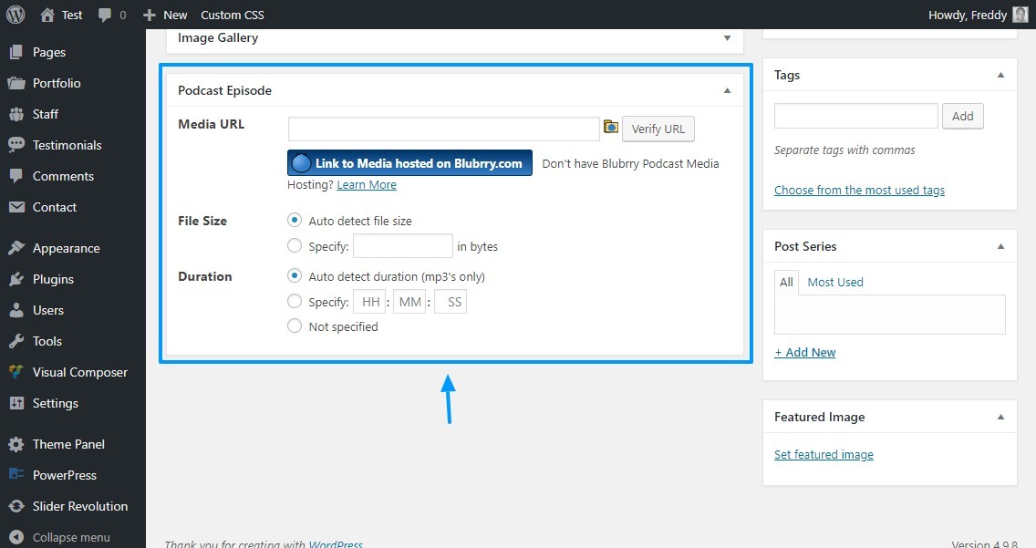 adicionando arquivo de mídia de podcast powerpress no editor de postagem wordpress
