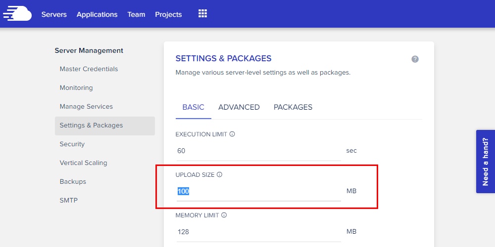 Tamanho do upload do arquivo Cloudways