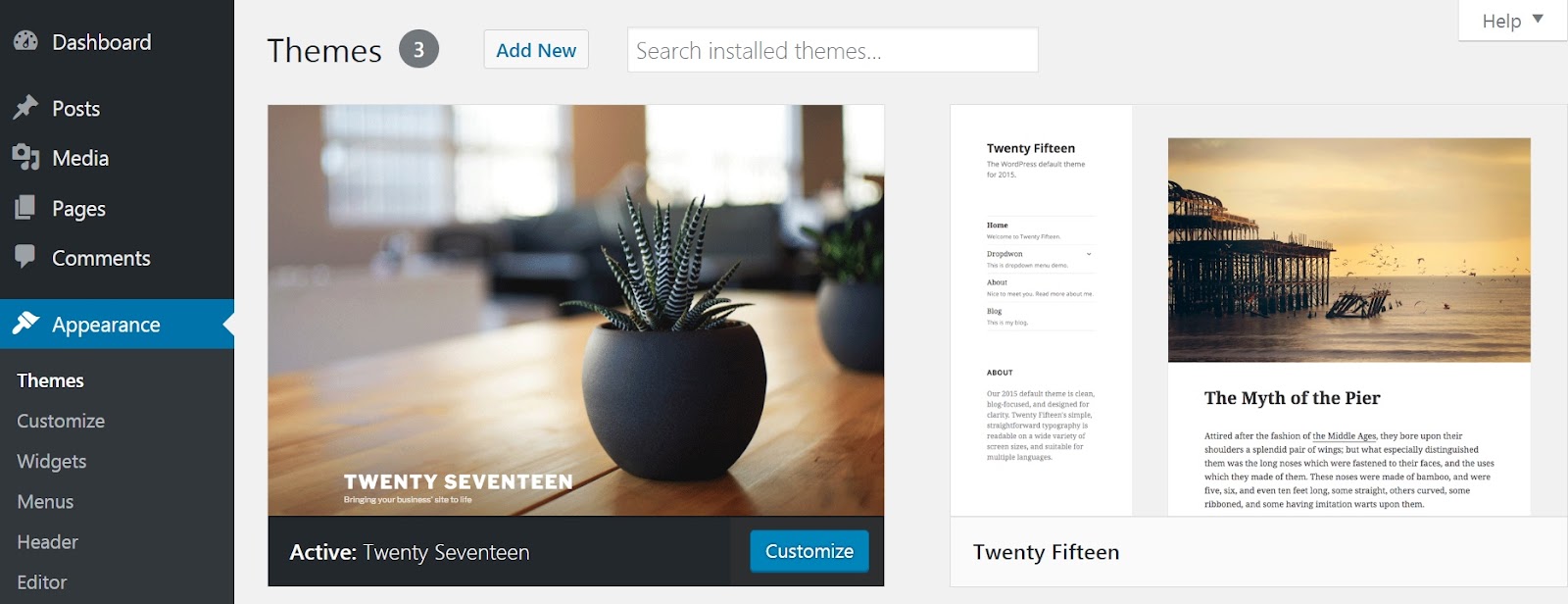 A seção Temas do back-end do WordPress.