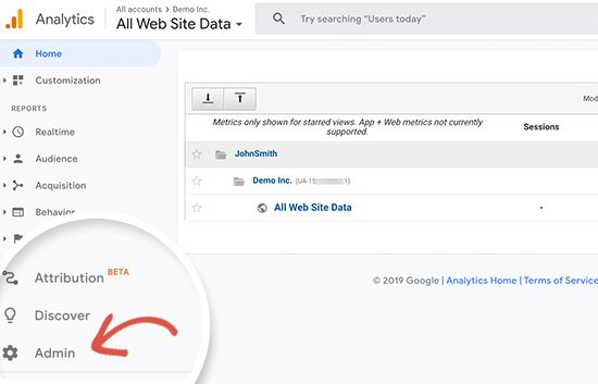 Mudar para o administrador do Google Analytics