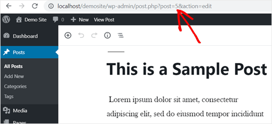 WordPress Post ID na barra de endereços do navegador da Web