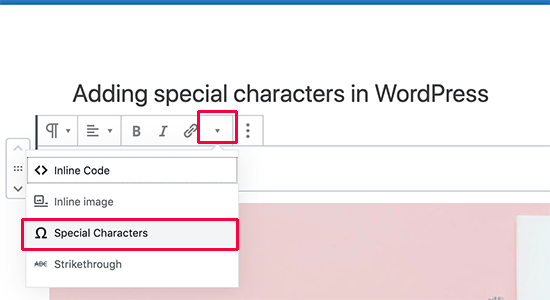 Abra o menu de caracteres especiais no editor de blocos