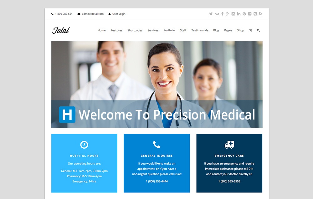 Página inicial médica do tema WordPress multiuso total