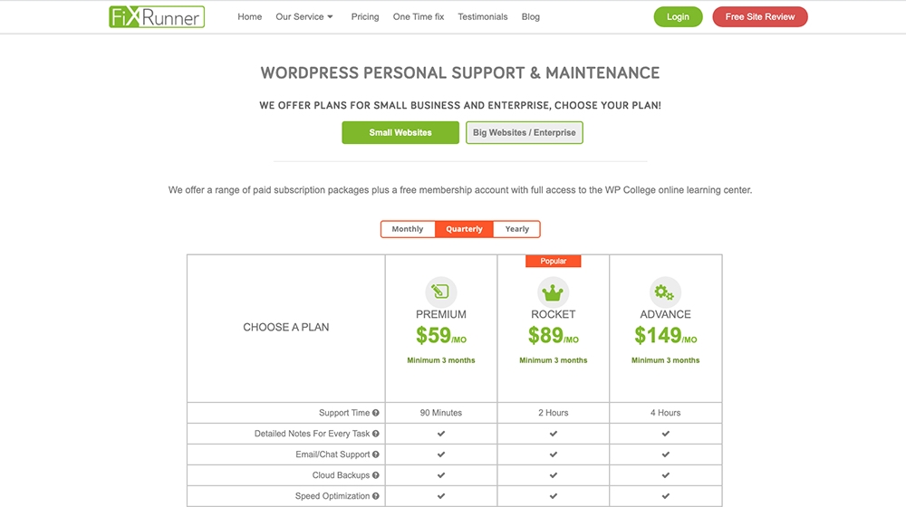 Preços de suporte do FixRunner WordPress