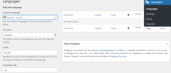 Configurações do Polylang