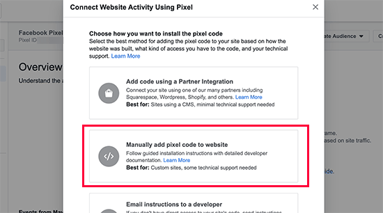Adicionar manualmente o código de pixel a um site