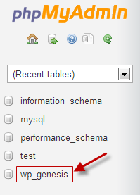 Selecione o banco de dados do phpMyAdmin 2