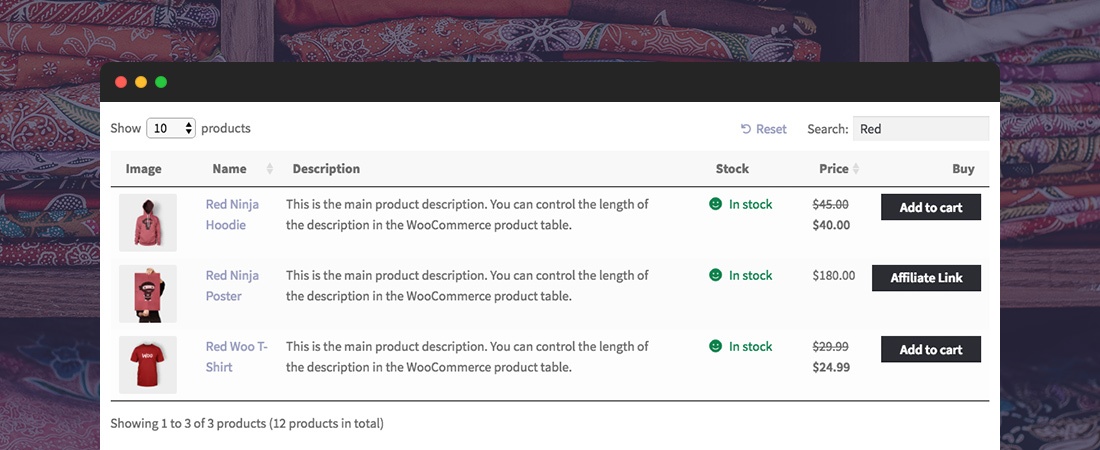 Tabela de produtos WooCommerce: filtros de pesquisa e classificação