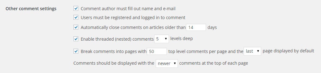 outras configurações de comentários