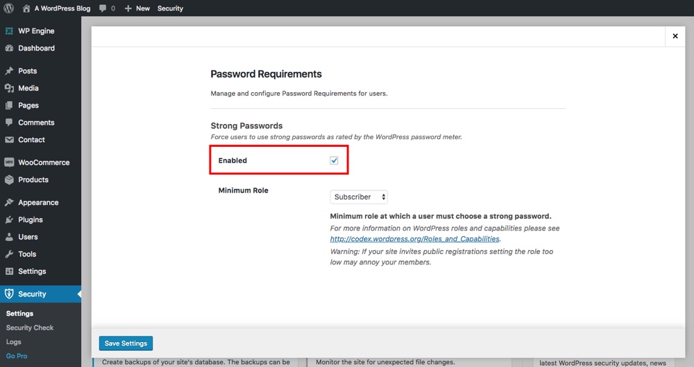 Configurações de requisitos de senha de segurança do iThemes