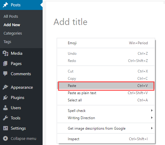 Colando seu texto copiado no WordPress