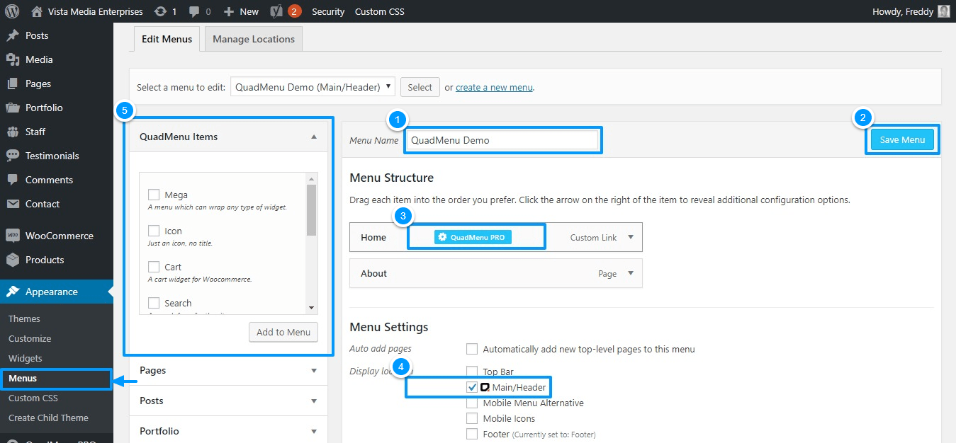 tela de menus do wordpress com quadmenu pronto