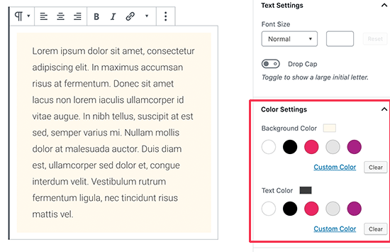 Altere o plano de fundo e a cor do texto no editor de conteúdo