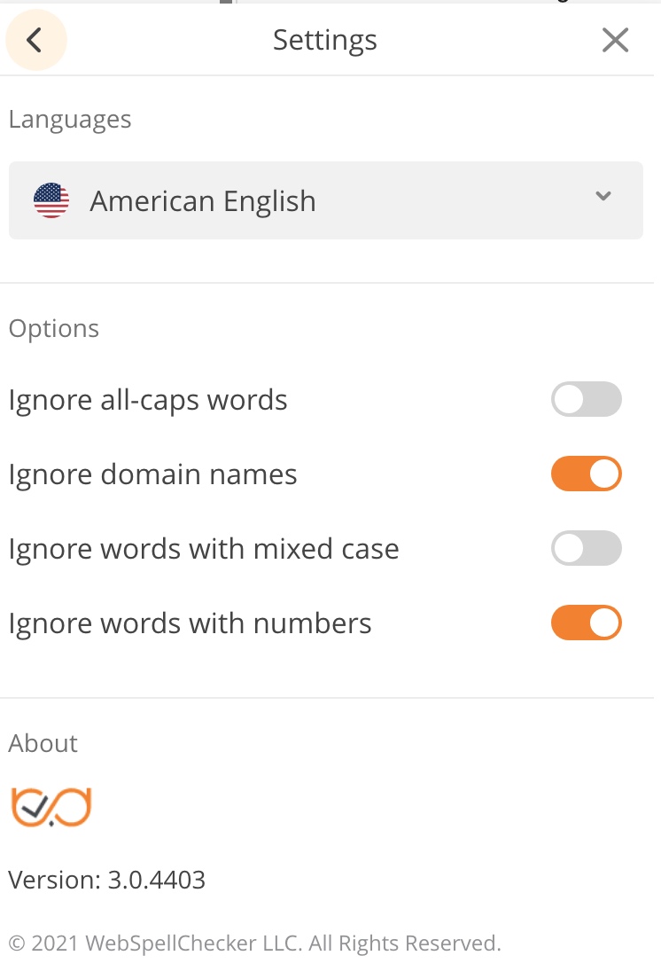 Configurações do WProofreader