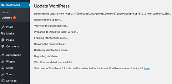 Progresso da atualização do WordPress