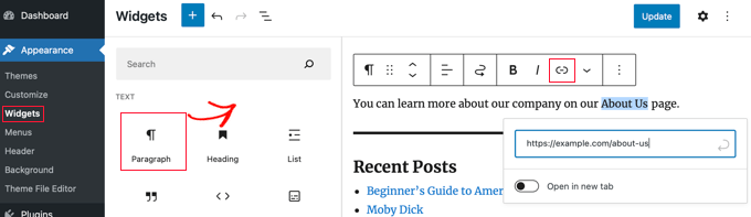 Adicionando um link em um widget