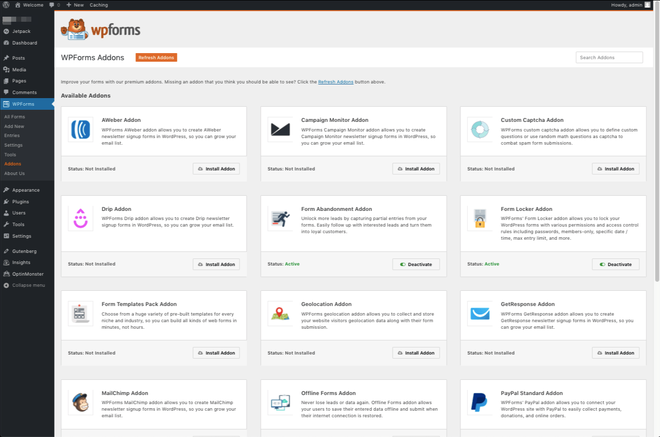 Complementos de instalação do WPForms
