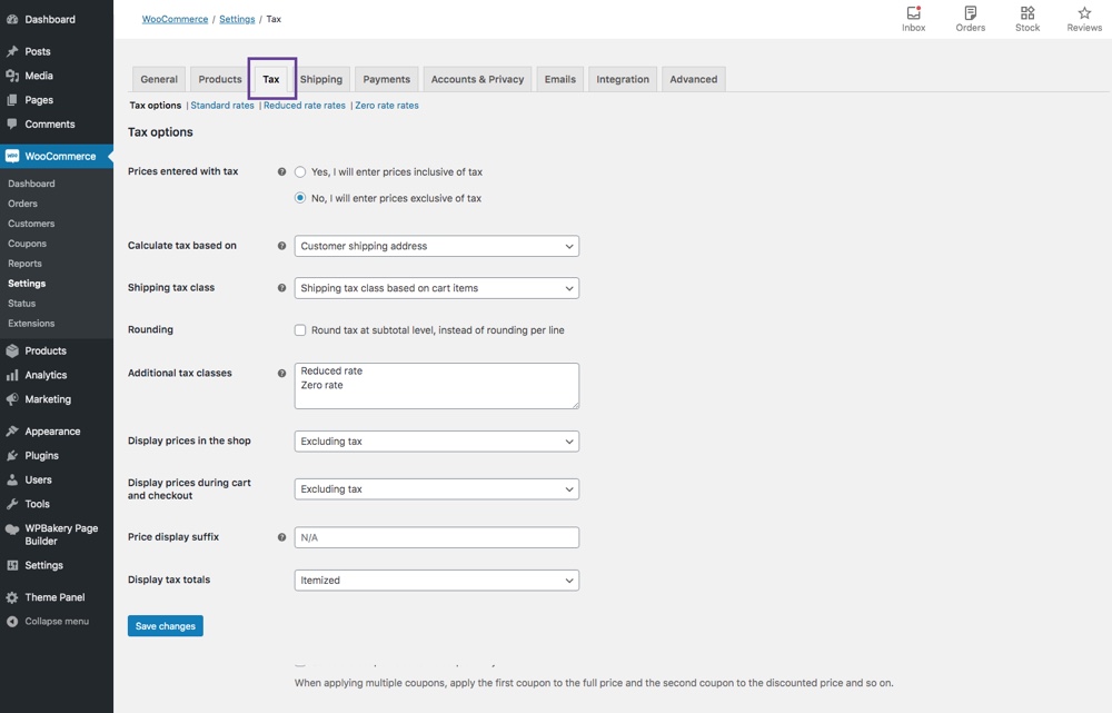 Configurações de impostos do WooCommerce