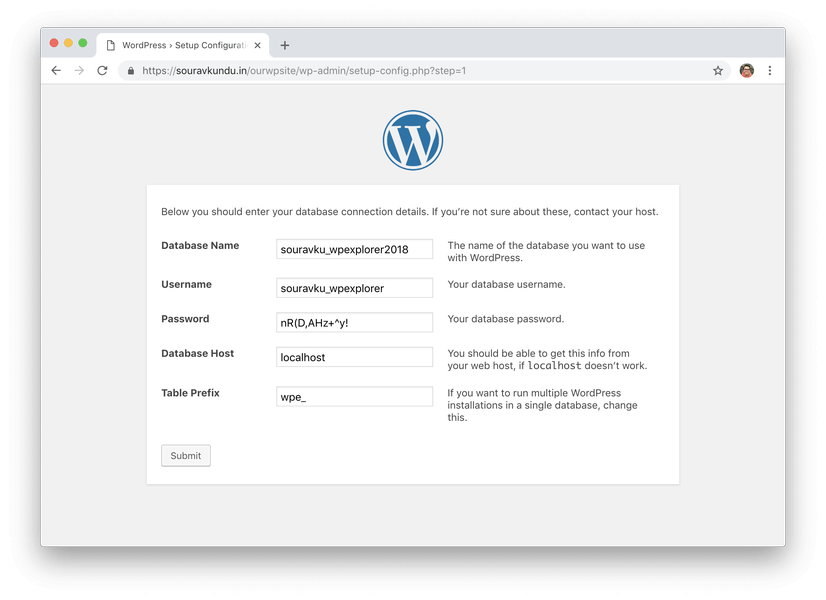 wordpress 5 minutes install 3 insira os detalhes do banco de dados