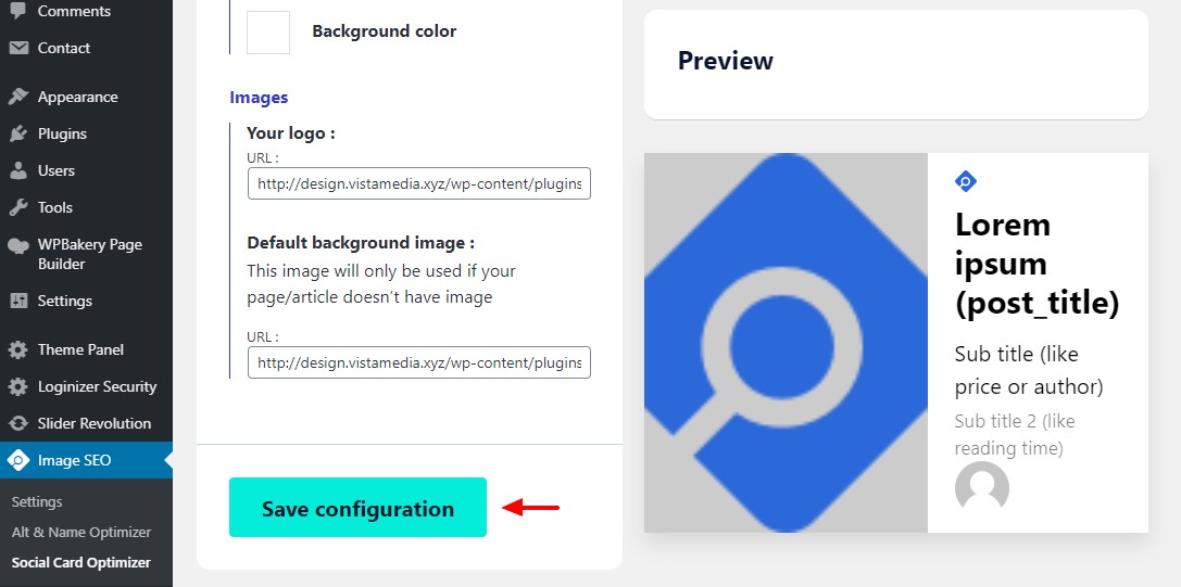 otimizador de imagem seo salvar configuração de cartão social