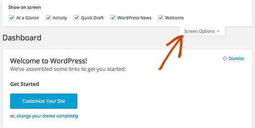 Mostrar ou ocultar seções na tela do painel do WordPress