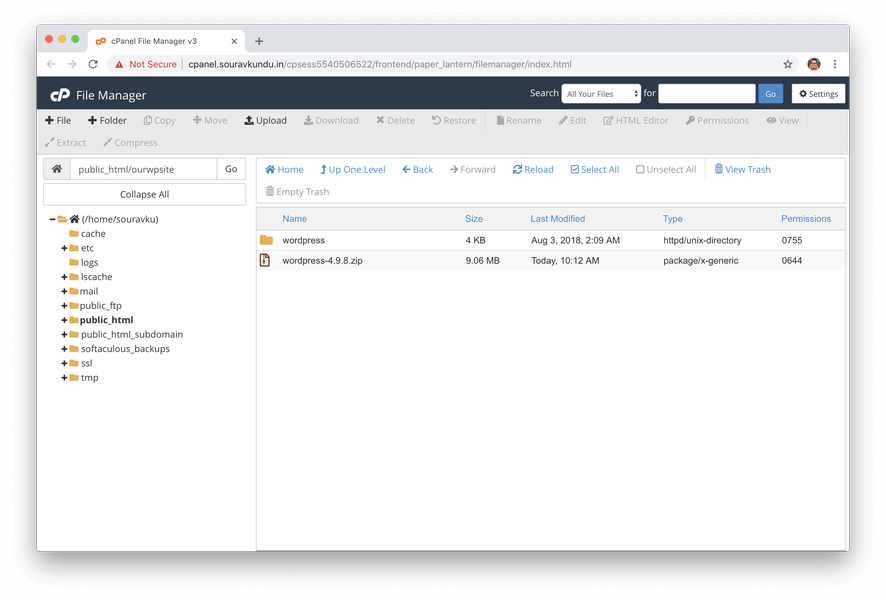 arquivos wordpress extraídos no cpanel