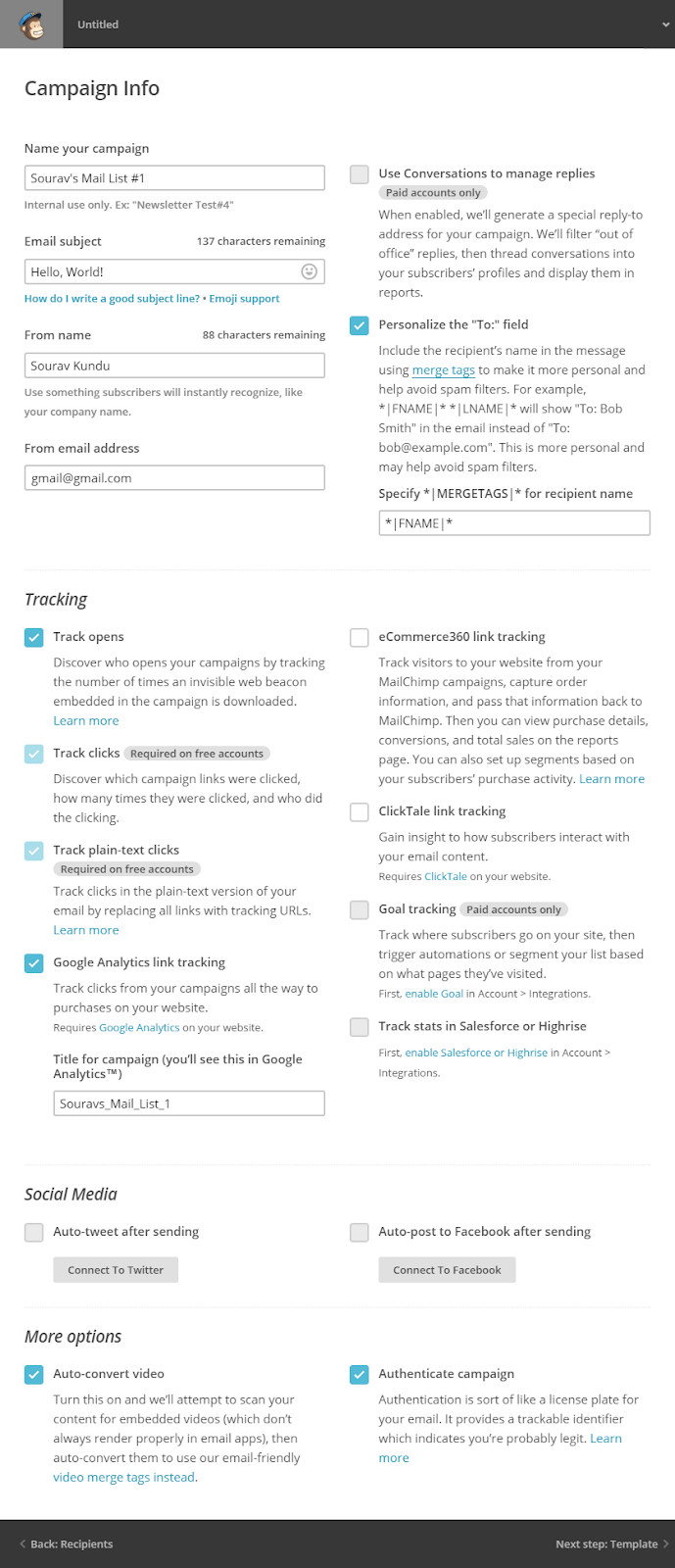 Adicionar informações da campanha