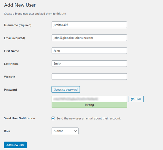 Inserindo os detalhes do seu novo usuário no WordPress