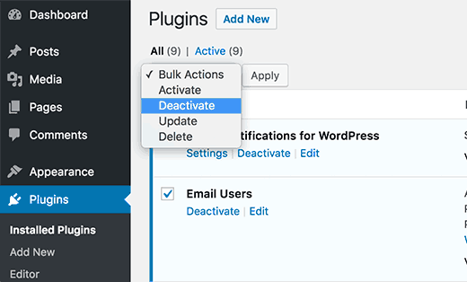 Selecione e desative todos os plugins no WordPress
