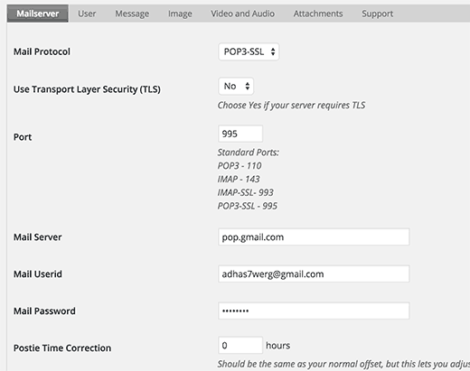 Postie - Post WordPress por configurações de plugin de e-mail
