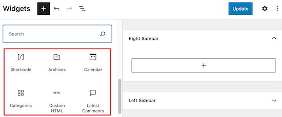 Blocos de widgets disponíveis no WordPress