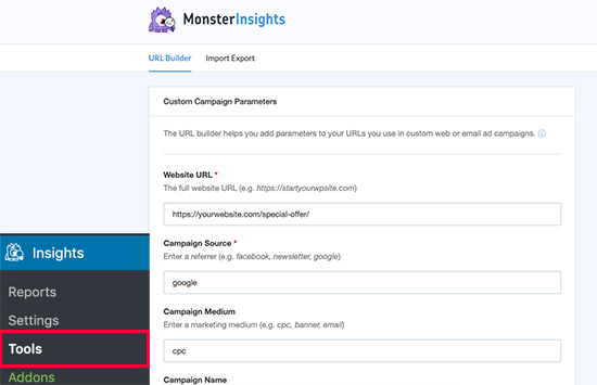 Ferramenta de criação de URL MonsterInsights