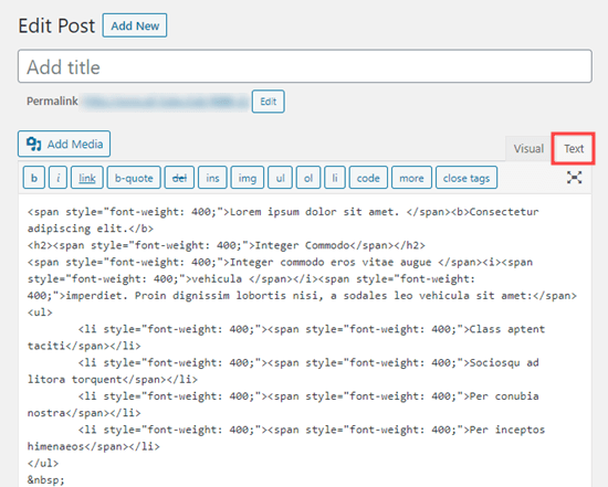 Visualizando o código HTML de sua postagem no editor clássico