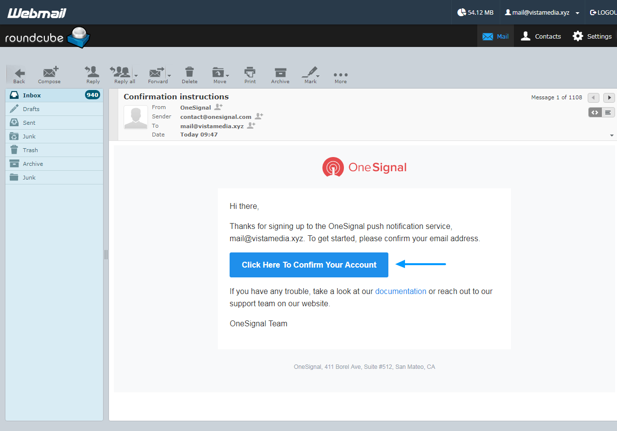 e-mail de ativação da conta onesignal