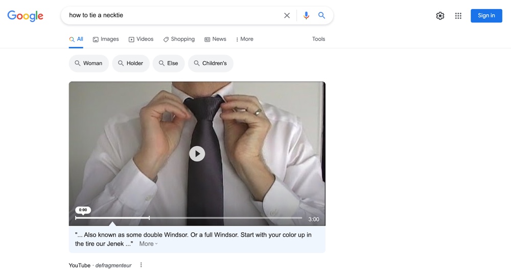 Resultado do Google de um vídeo tutorial