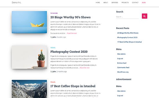 Visualização de imagens em destaque em um blog WordPress típico